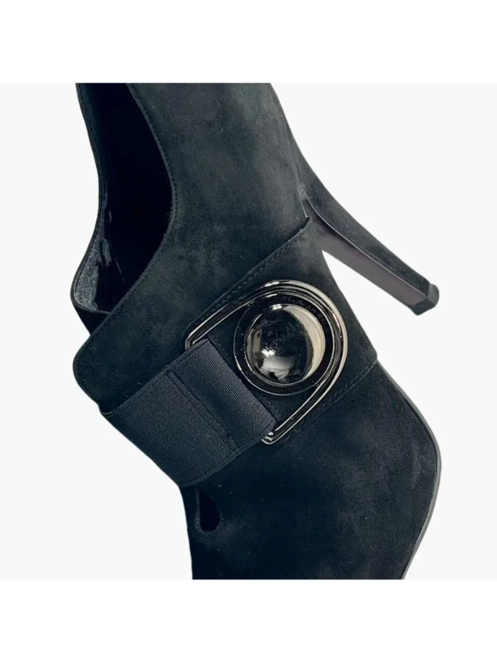 JESSICA SIMPSON Black Suede Heeled Booties With Large Buckle Accent